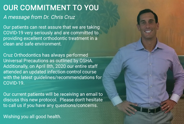 A message from Dr. Cruz informing patients that he and his staff are following COVID protocol and guidelines.